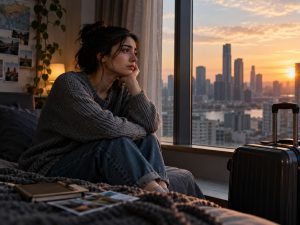 افسردگی در مهاجرت؛ زنی تنها و متفکر نشسته کنار پنجره